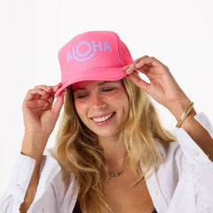 ALOHA Foam Trucker Hat in Lavande on neon Pink